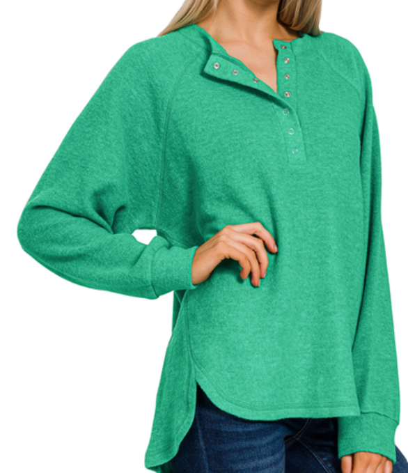 Brushed melange hacci oversized 7-button henley placket sweater