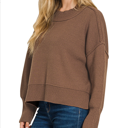 Wide neck band drop shoulder sweater
