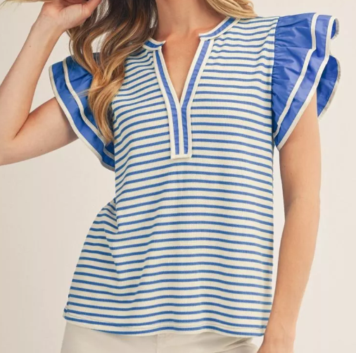 Layered ruffle sleeves thermo stripe top with notched v neck.