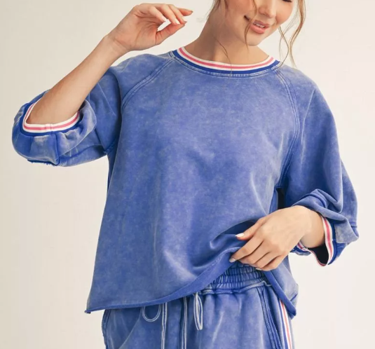 washed 3/4 sleeve top - stripe detail