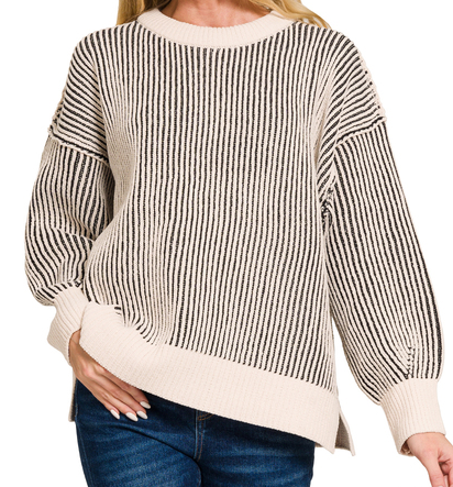 Exposed seam two tone sweater