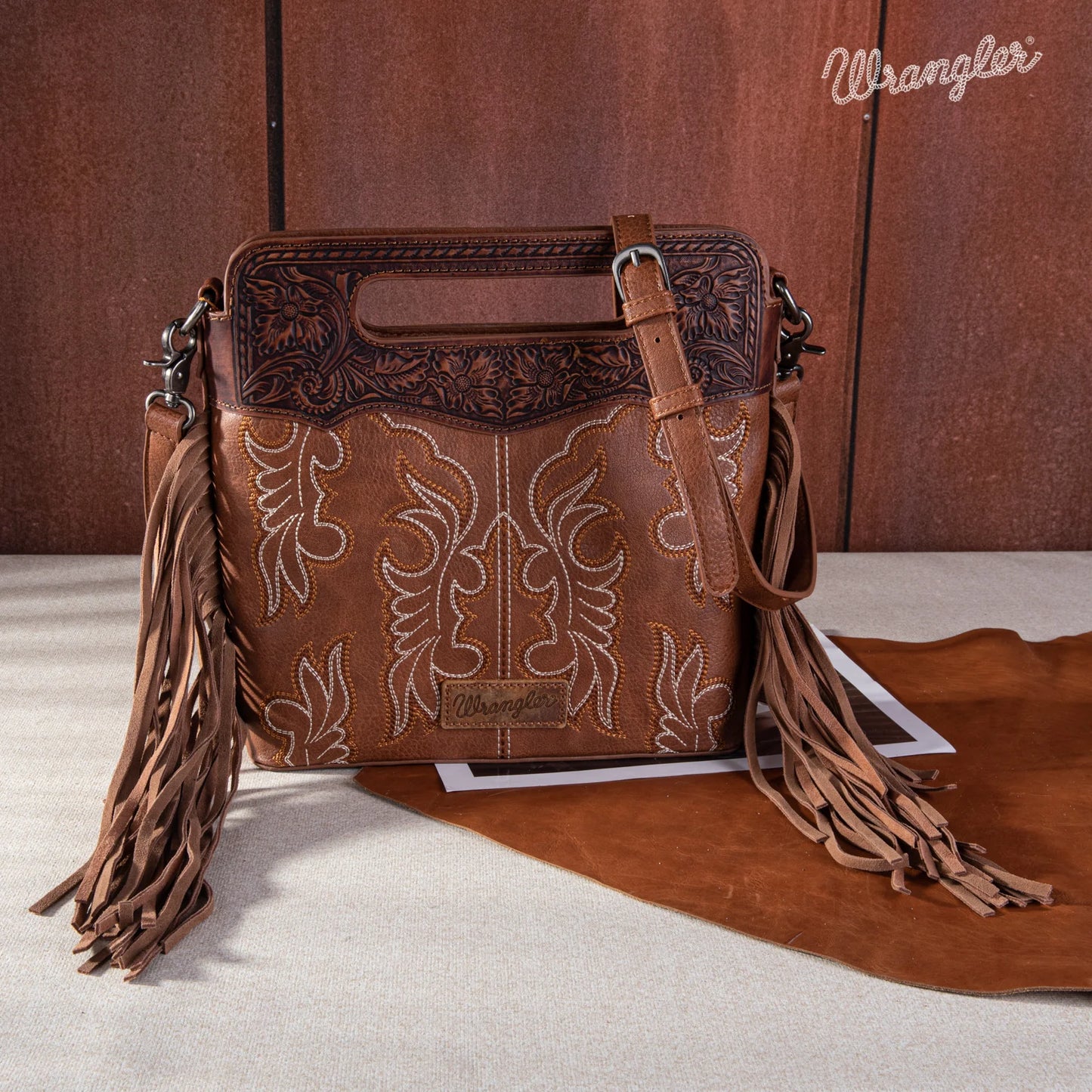 Wrangler Top Handle Embroidered Fringe Tote/Crossbody