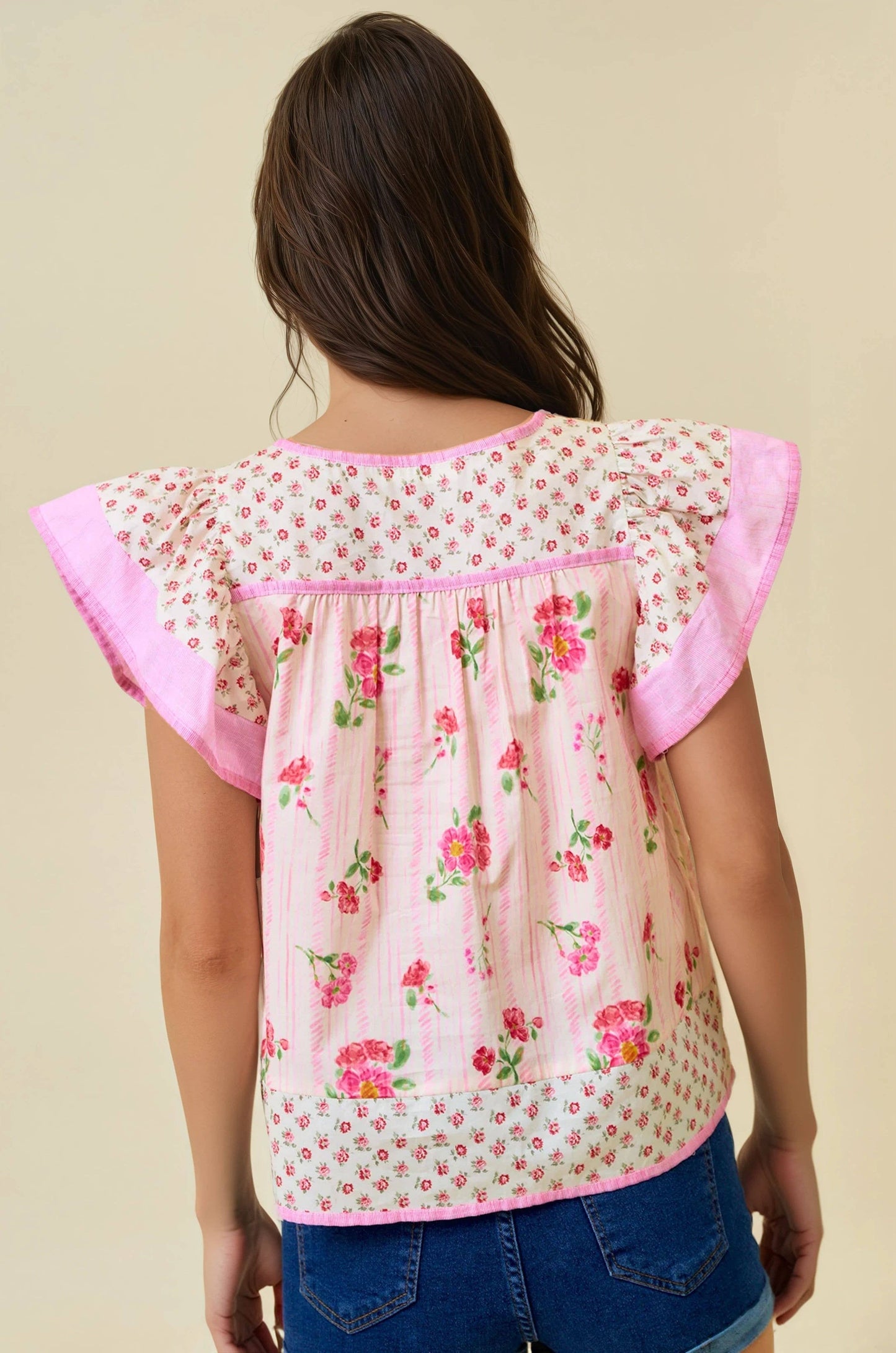 MIXED PRINT FLUTTER SLEEVE TOP - 45538T