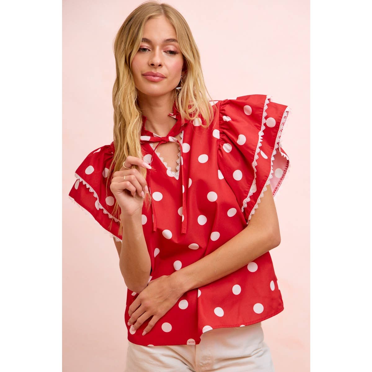 POLKA DOT PRINTED RUFFLE TRIM EDGE BLOUSE TOP