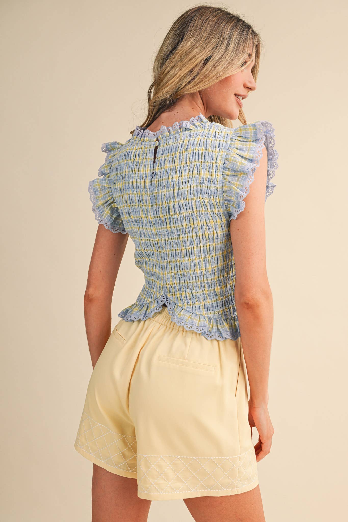 PLAID SMOCKED LACE TRIM TOP