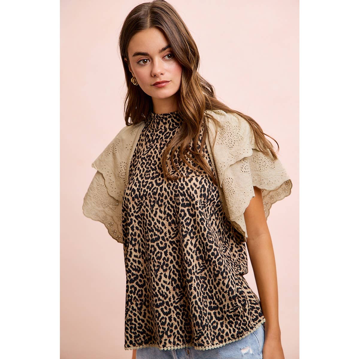 TEXTURED LEOPARD PRINTED LACE SLEEVE BLOUSE TOP