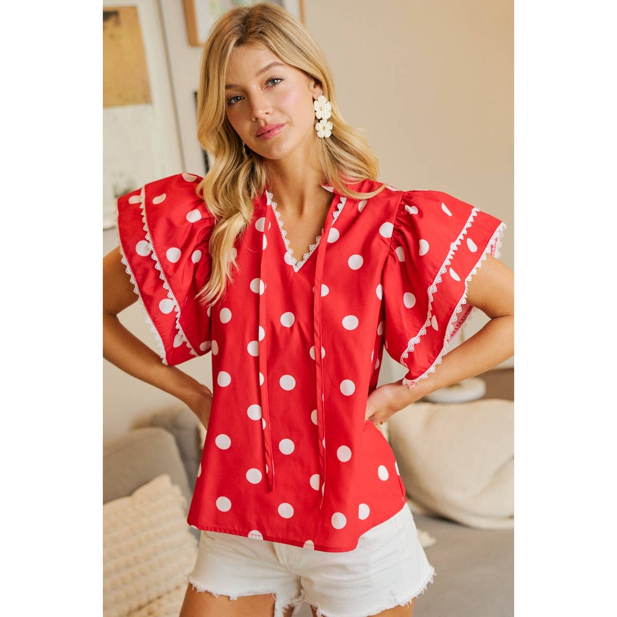 POLKA DOT PRINTED RUFFLE TRIM EDGE BLOUSE TOP