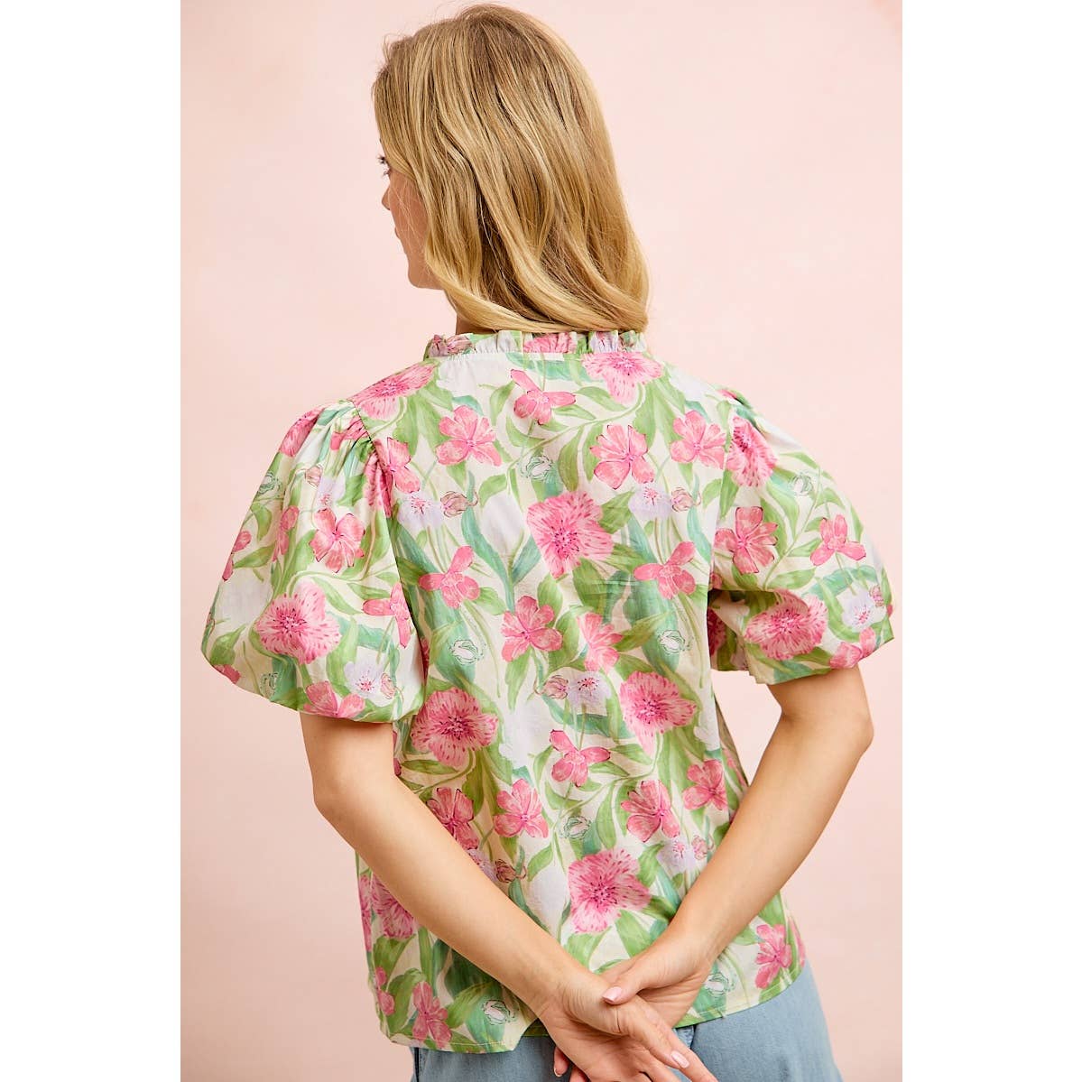FLOWER PRINTED WOVEN RUFFLED V NECK TOP