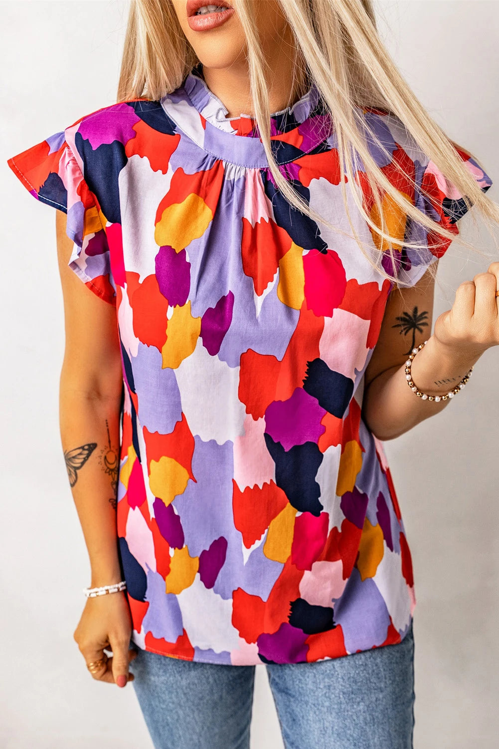 Multicolor Abstract Print Frill Neck Ruffle Sleeve Summer Top