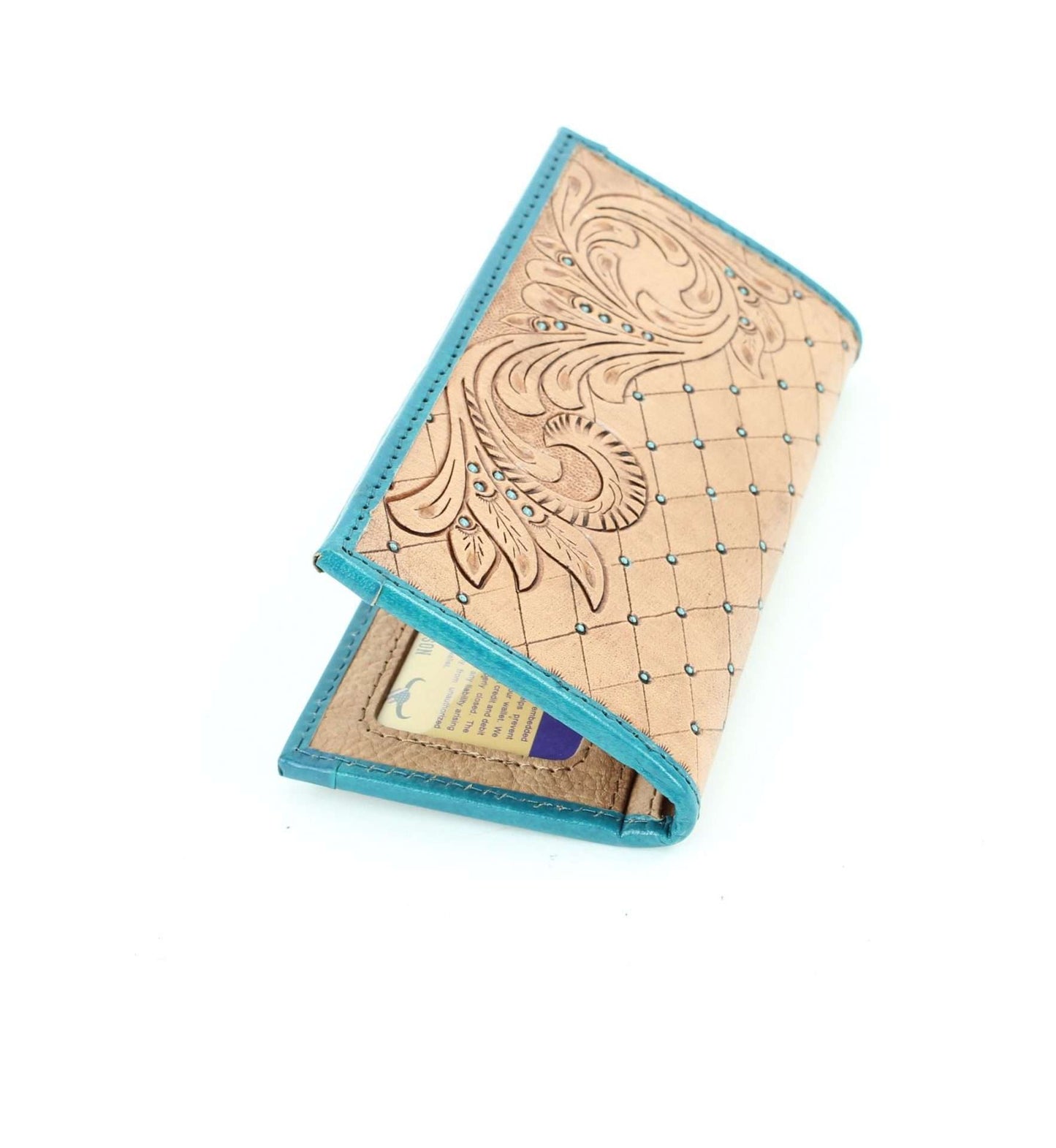 Tan tooled leather wallet with turquoise stone #AB W 07 TAN