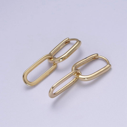 Gold Filled Oval Hoop Chunky Earrings With Dangle Link Chain Rectangular Hoop Earrings, Geometric Hoops T-295