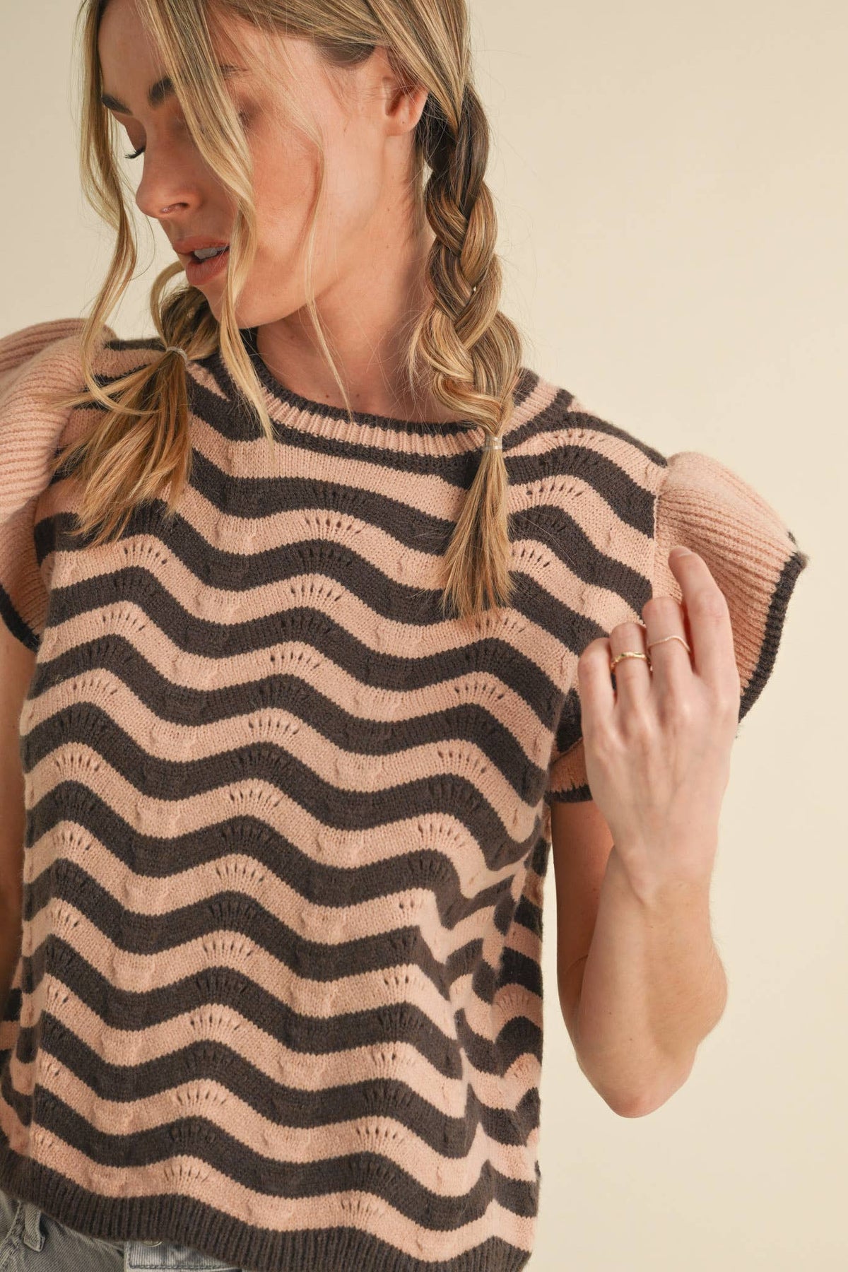WAVY STRIPES FLUTTER SLEEVE SWEATER TOP