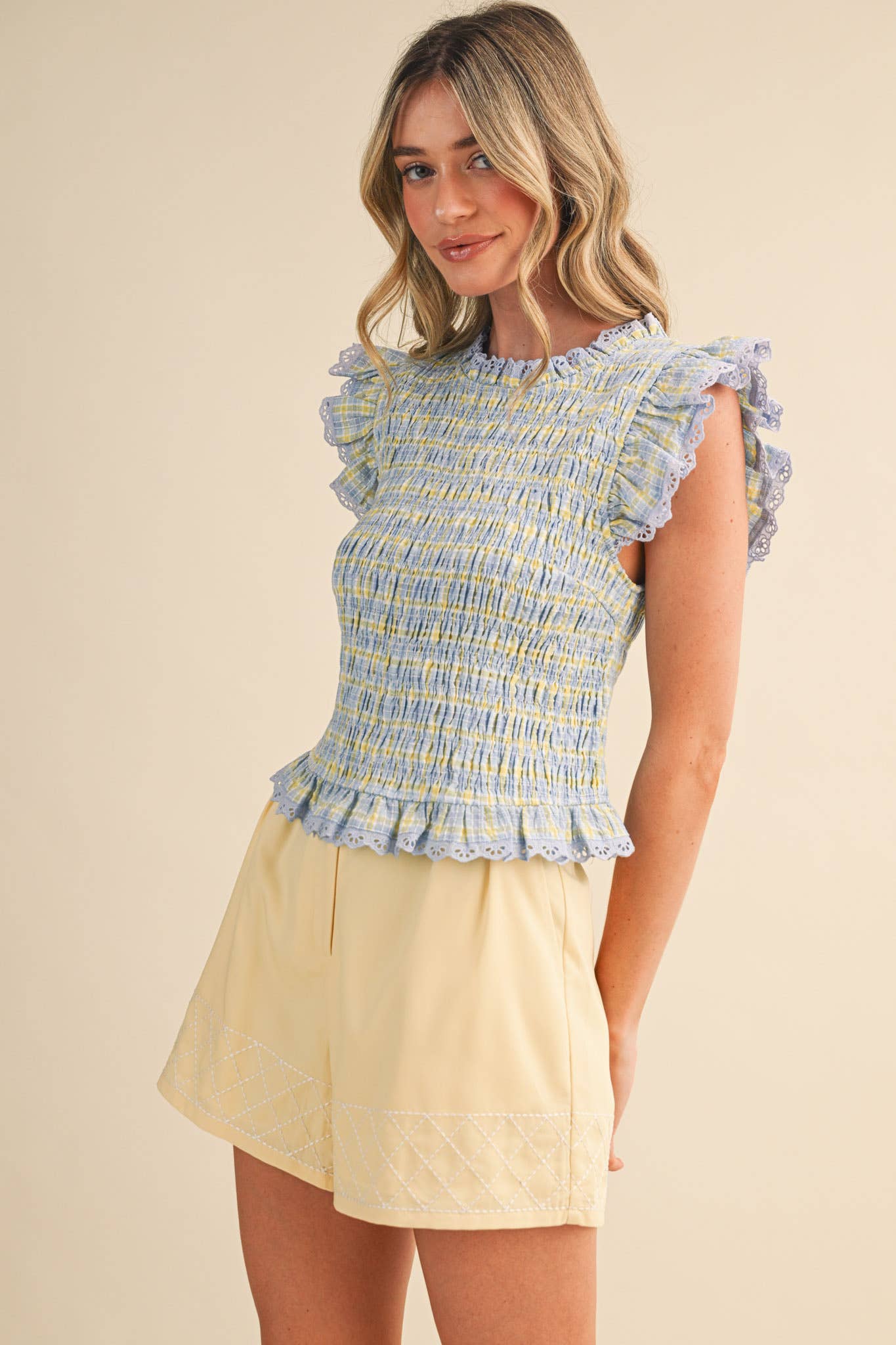 PLAID SMOCKED LACE TRIM TOP