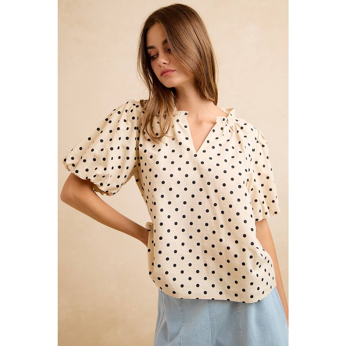 LINEN BLEND POLKA DOT PRINT BUBBLE SLEEVE BLOUSE TOP