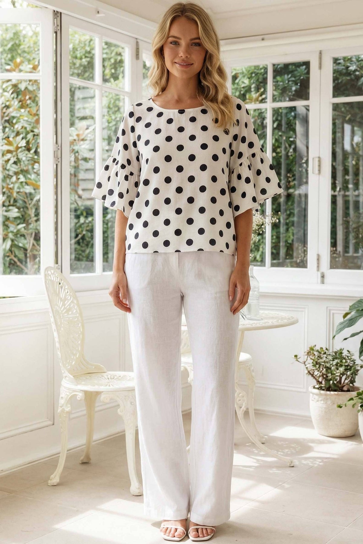 Polka Dot Wild Ruffle Sleeve Flowy Blouse Top VT83104D