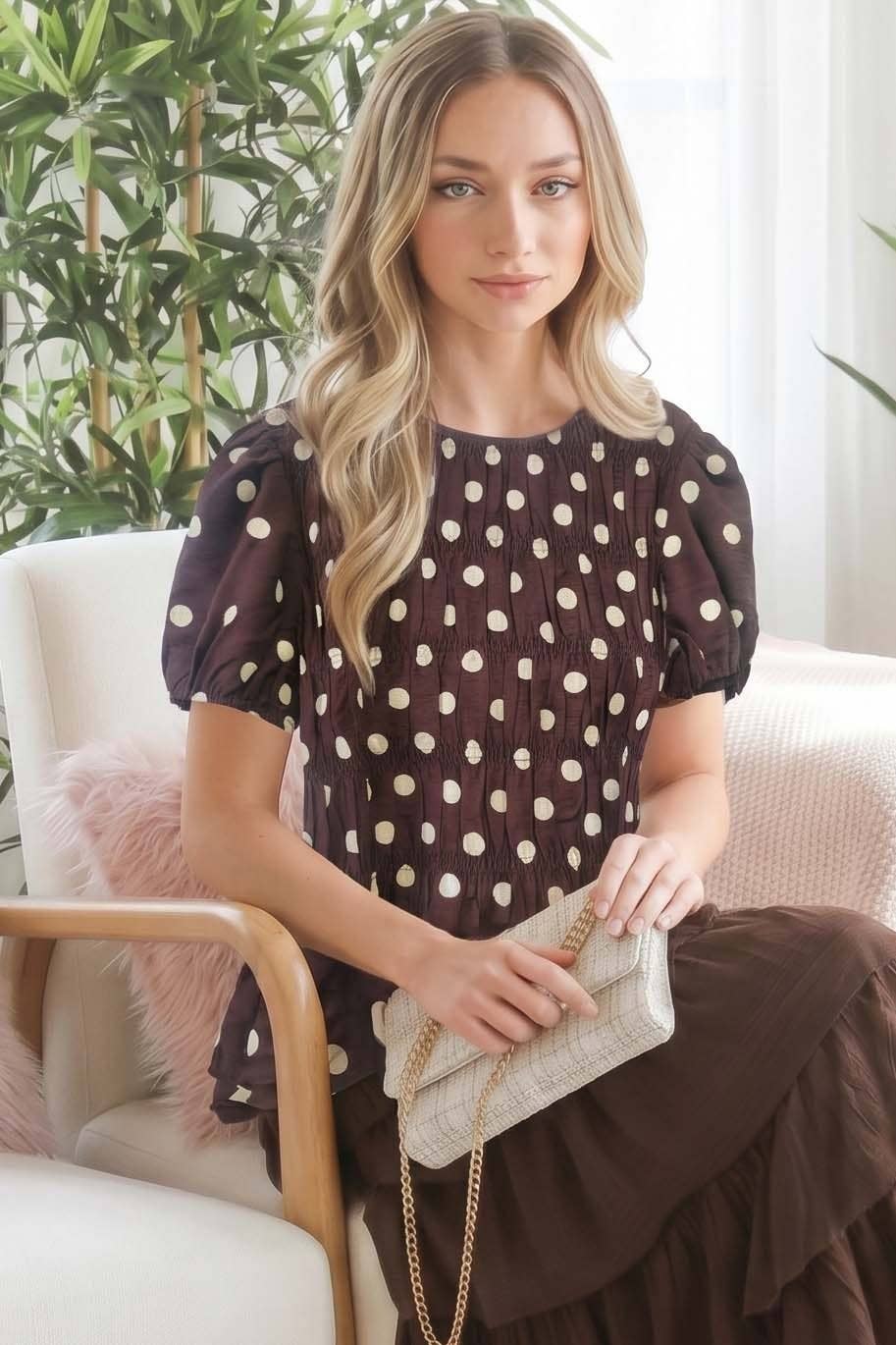 Charming Polka Dot Smocked Detailing Bodice Blouse VT83592