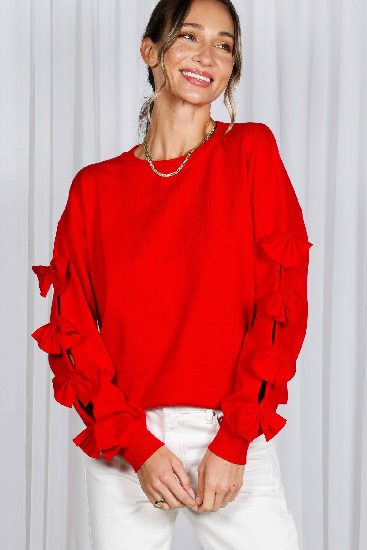 Bow Embellished Crew Neck Long-Sleeve Knit Sweater VT82605