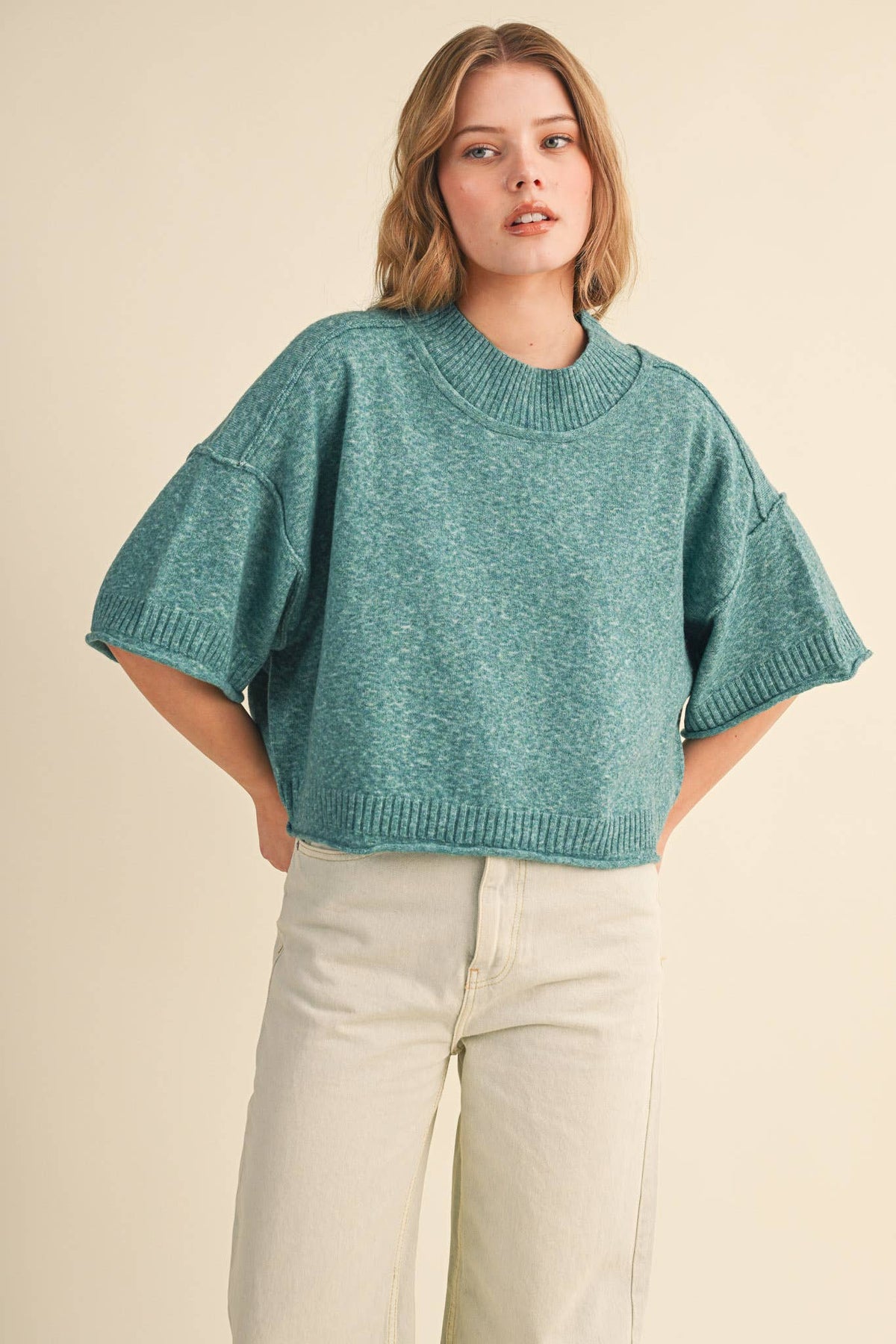 MARLED KNIT MOCK NECK SHORT SLEEVE SWEATER
