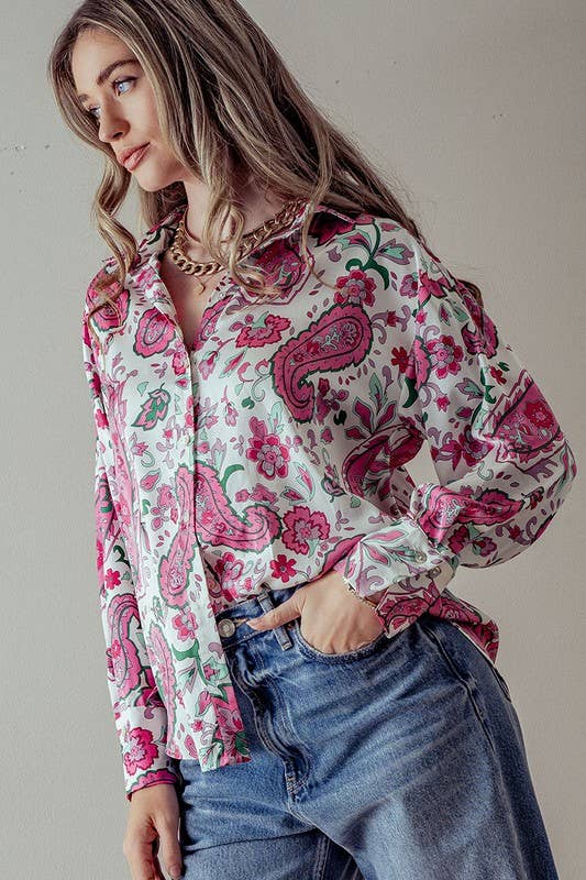 Pink Paisley Print Button Down Shirt