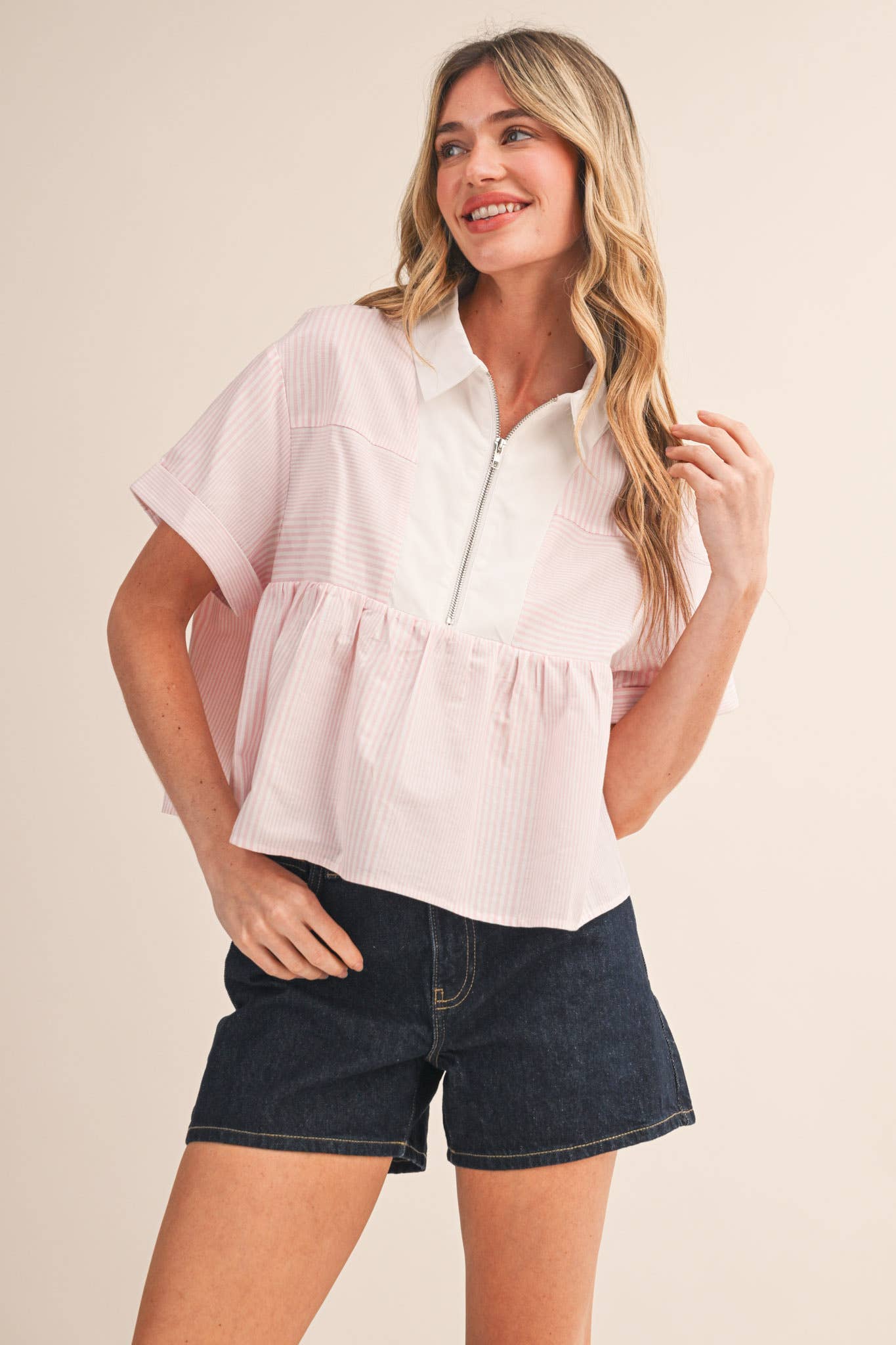 STRIPED HALF ZIP BABYDOLL TOP