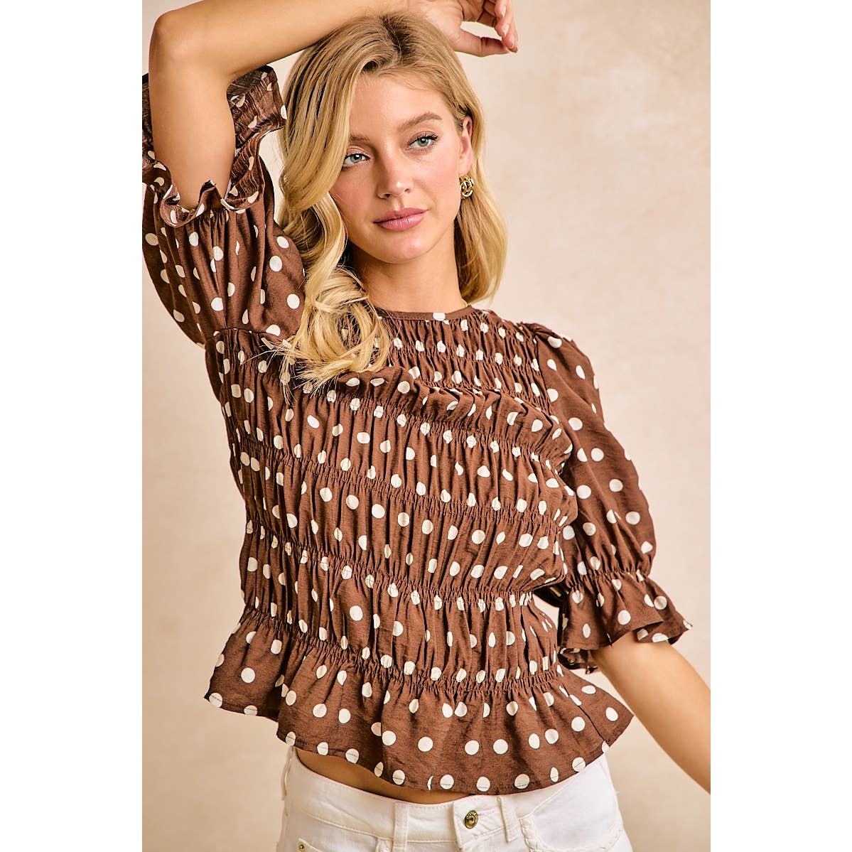 POLKA DOT PRINTED WOVEN SHIRRED BODY TOP