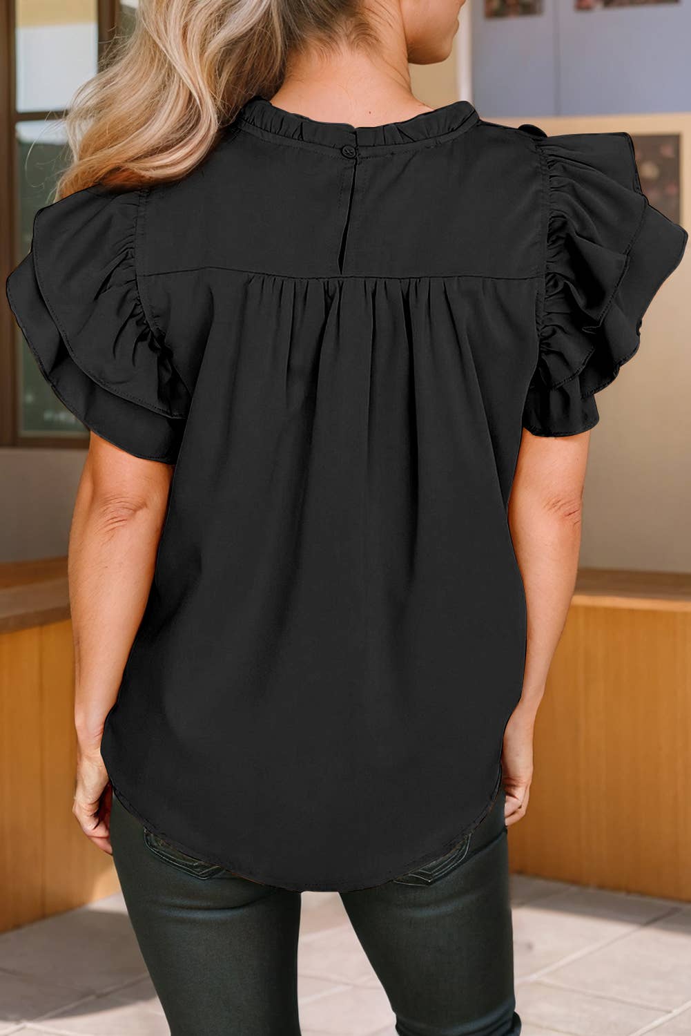 Black Ruched Frilled Neck Ruffle Sleeve Blouse