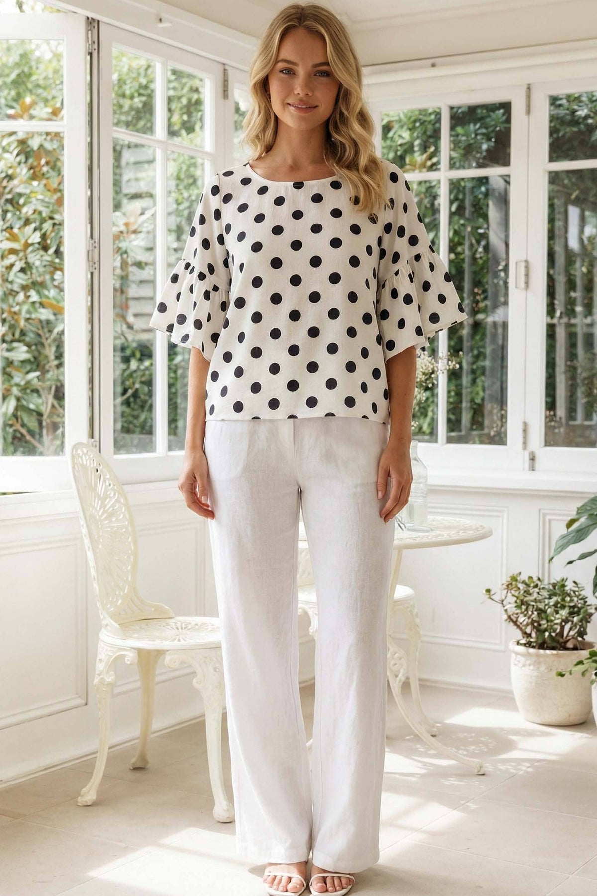 Polka Dot Wild Ruffle Sleeve Flowy Blouse Top VT83104D
