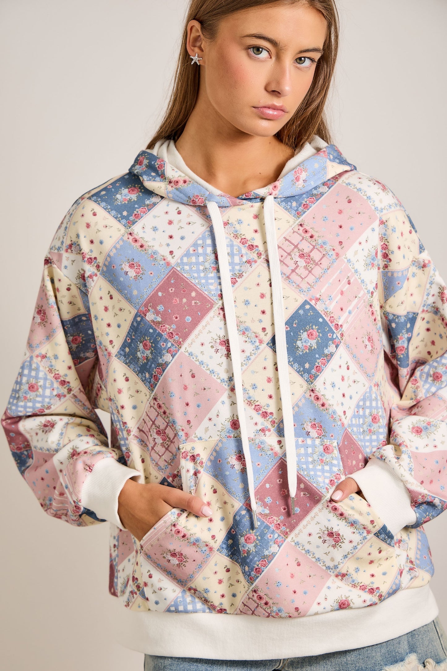 Spring Patchwork Quilted Hoodie