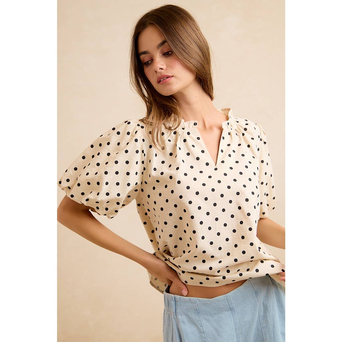 LINEN BLEND POLKA DOT PRINT BUBBLE SLEEVE BLOUSE TOP