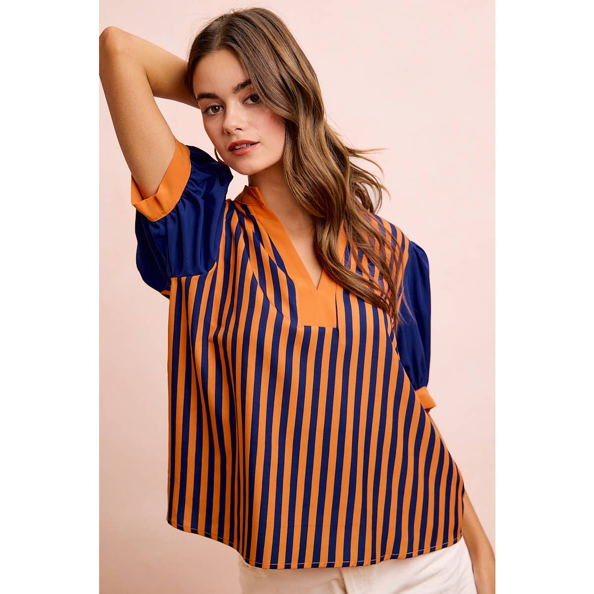 GAMEDAY THEME STRIPED WOVEN BLOUSE TOP