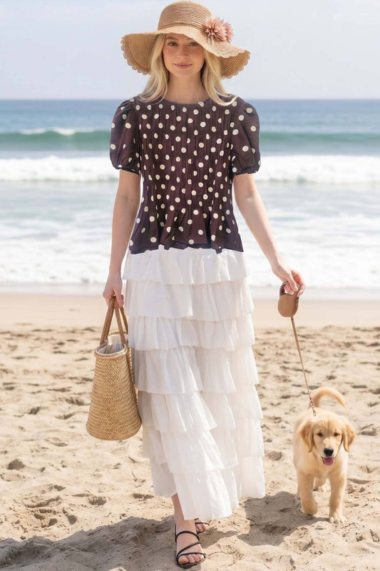 Charming Polka Dot Smocked Detailing Bodice Blouse VT83592