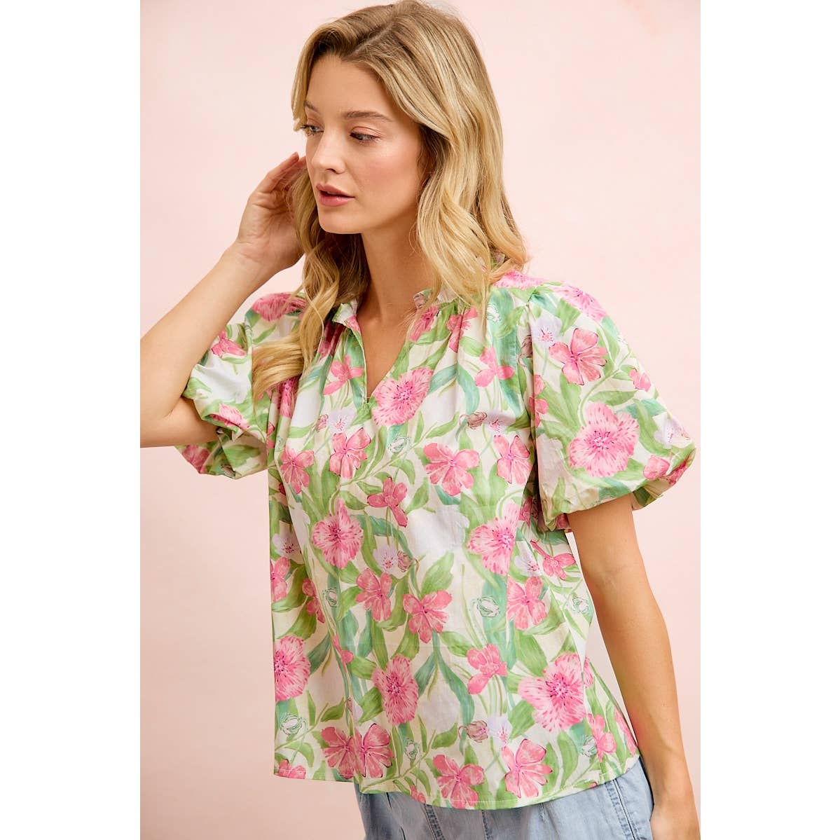 FLOWER PRINTED WOVEN RUFFLED V NECK TOP