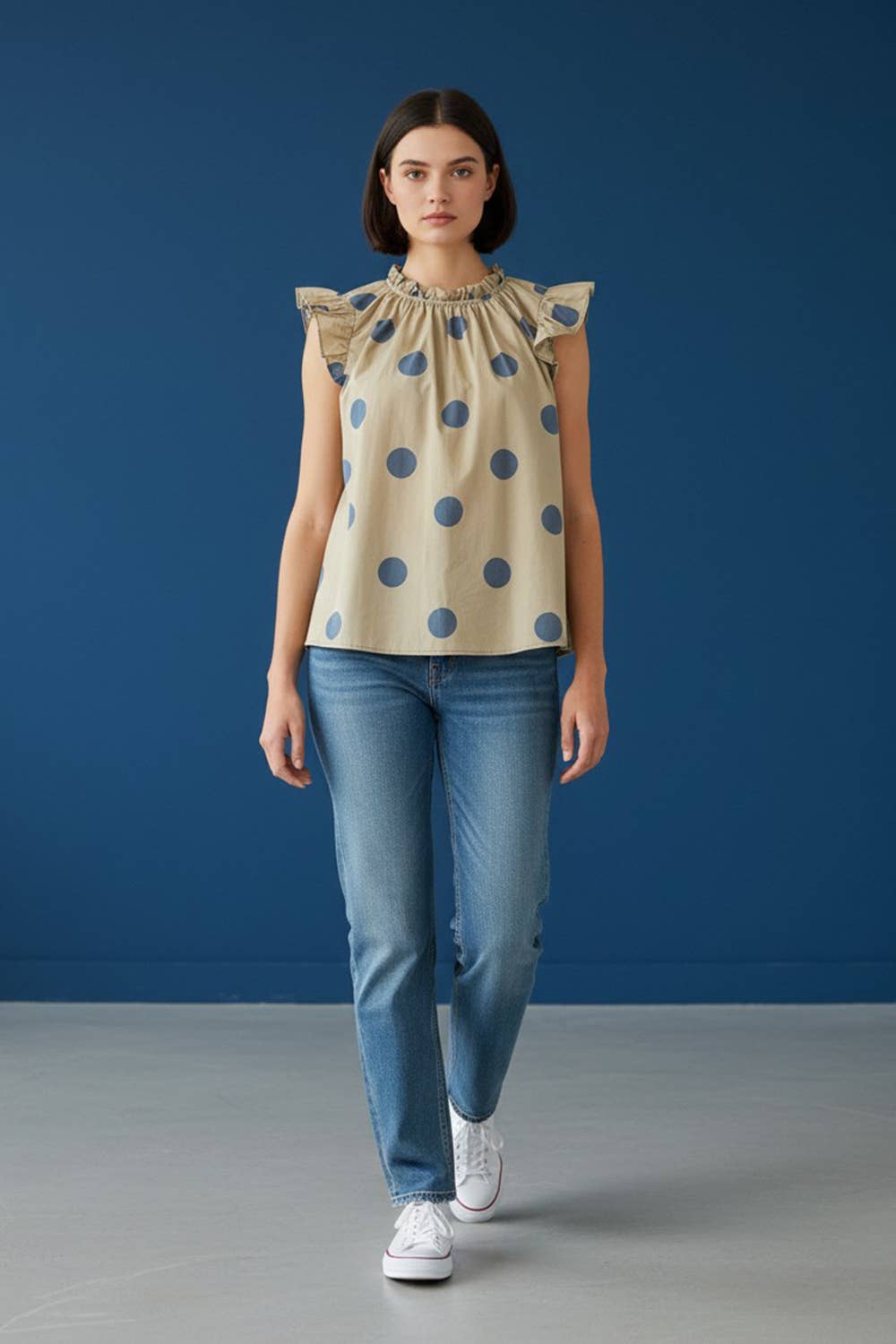 Ruffled Neck & Shoulder Polka Dot Blouse Top