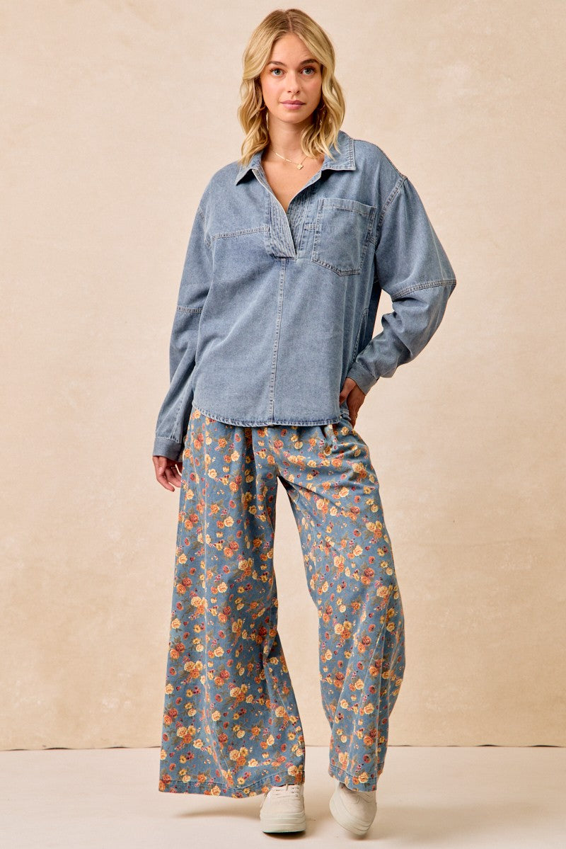 Washed Denim V Neck Collared Top With Side Pocket