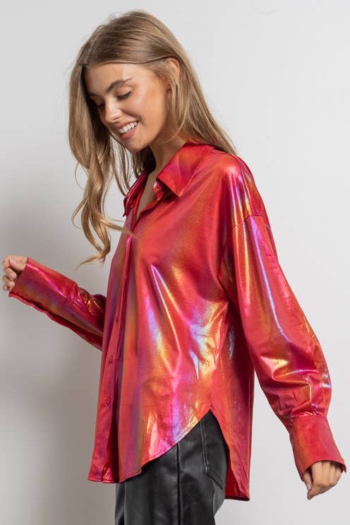 Rainbow Button Up Long Sleeve Blouse Shirt