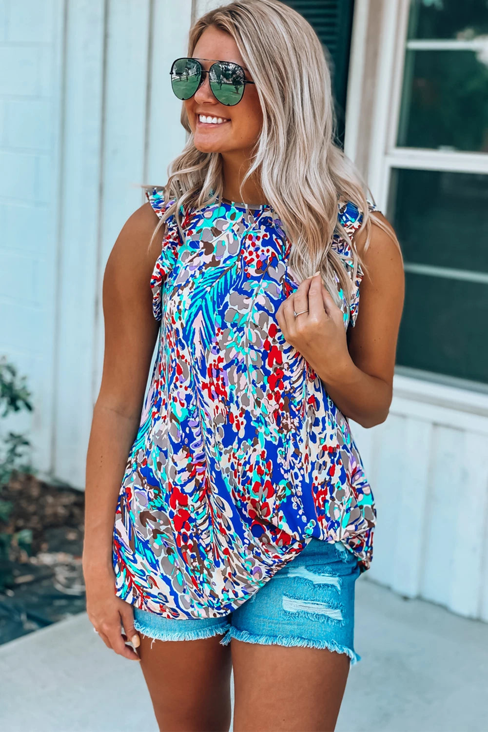 Dark Blue Abstract Print Babydoll Ruffle Sleeveless Shirt