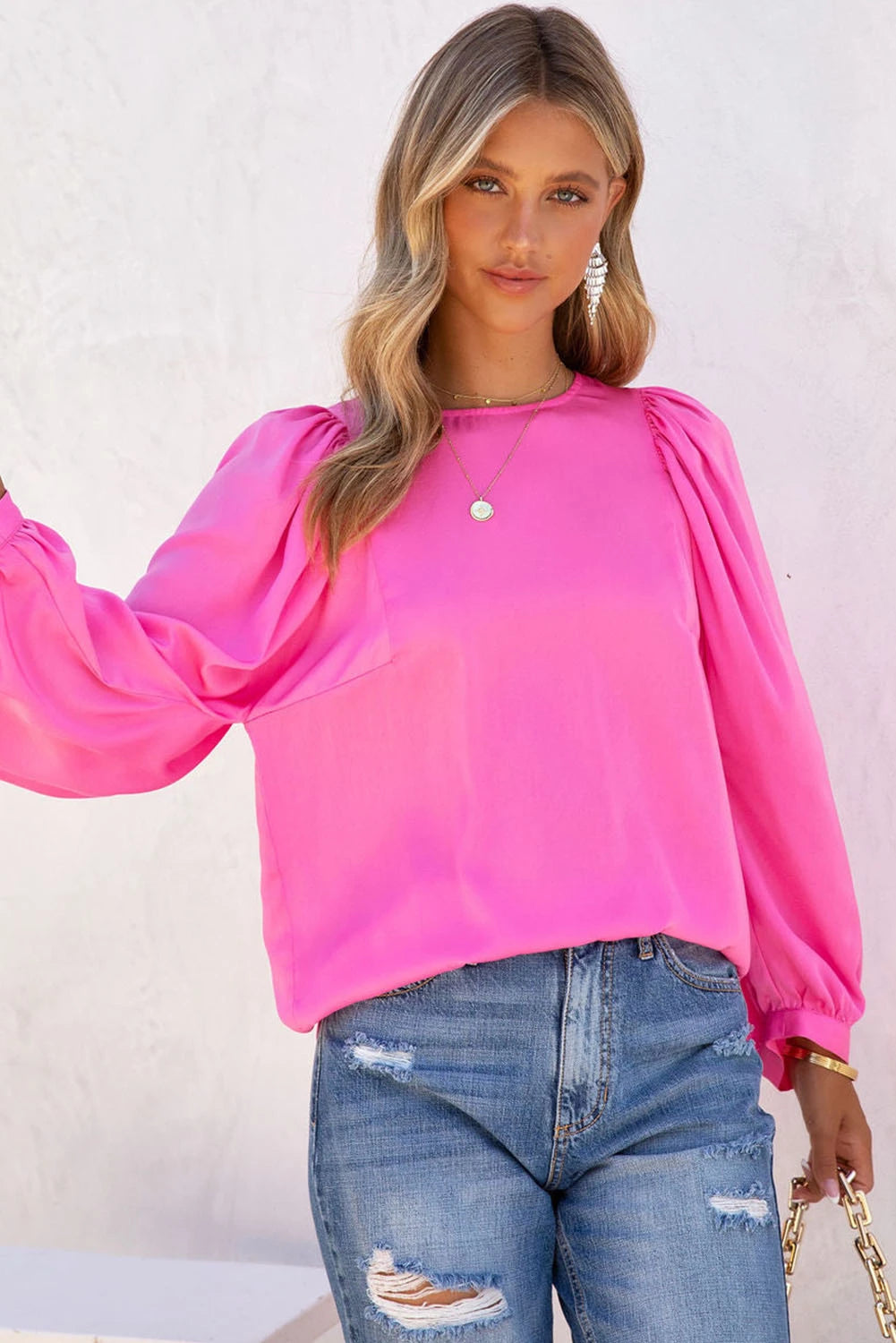 Pink Plain Satin Puff Long Sleeve Crewneck Blouse