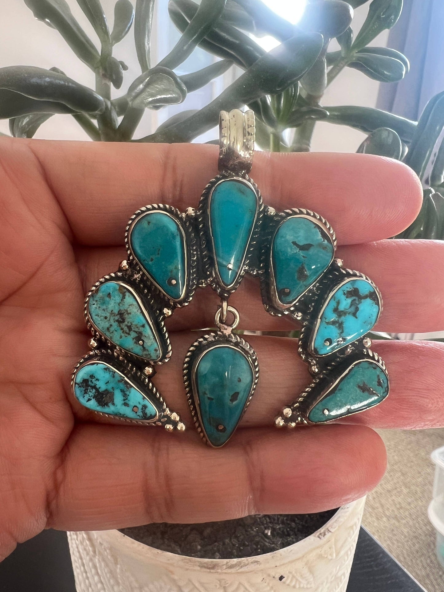 Natural Blue Turquoise Squash Blossom Pendant, Handcrafted