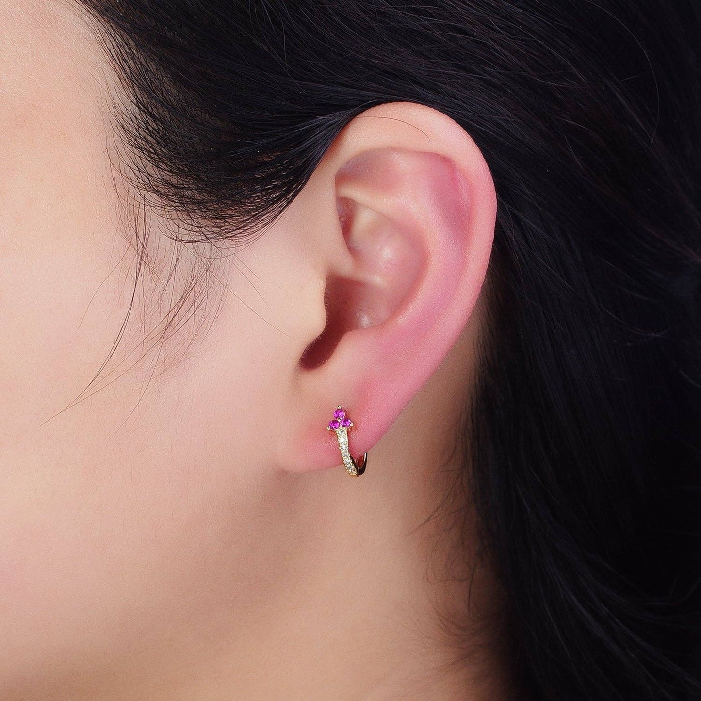 Fuchsia CZ Triple Flower Arrow Lined 11mm Huggie Earrings