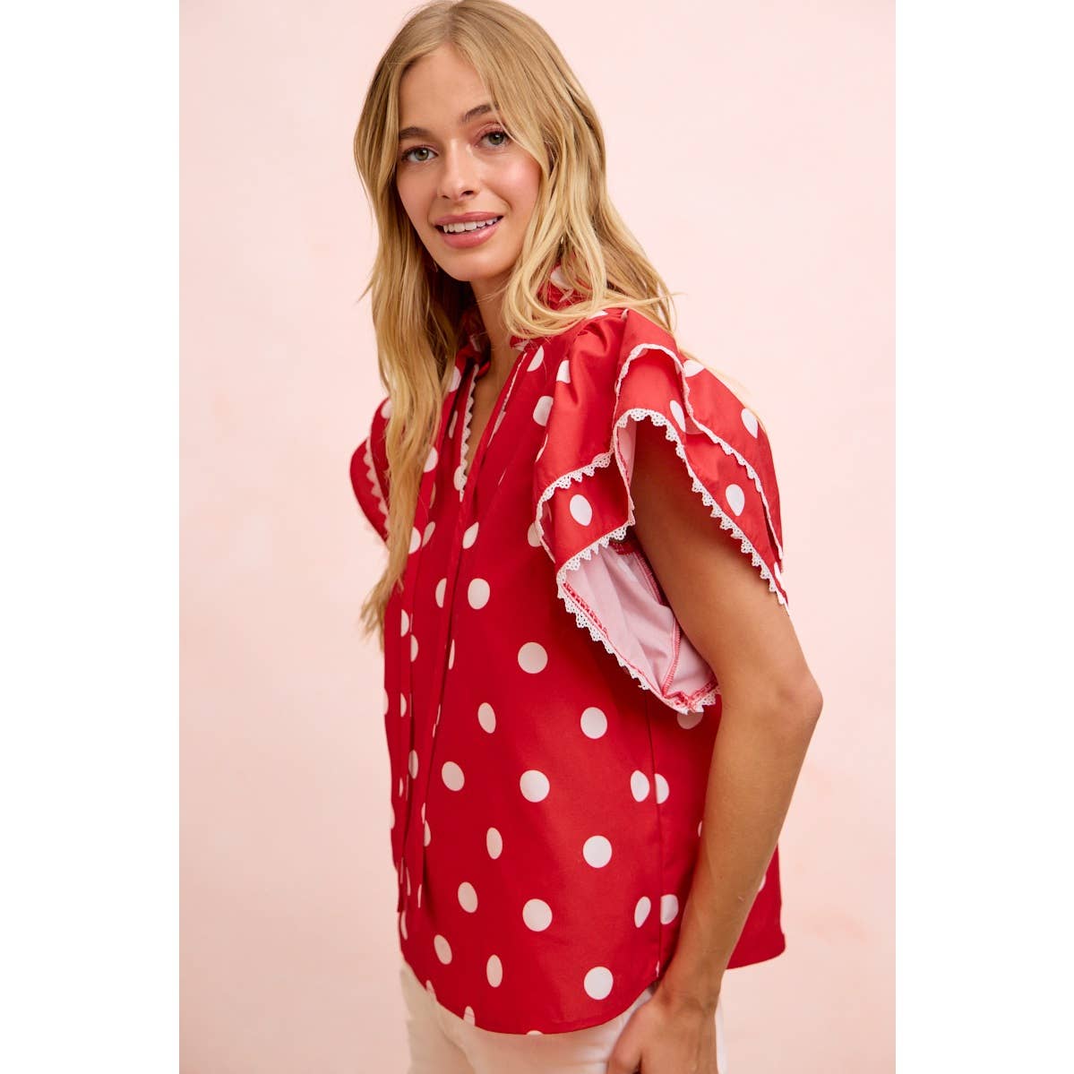 POLKA DOT PRINTED RUFFLE TRIM EDGE BLOUSE TOP