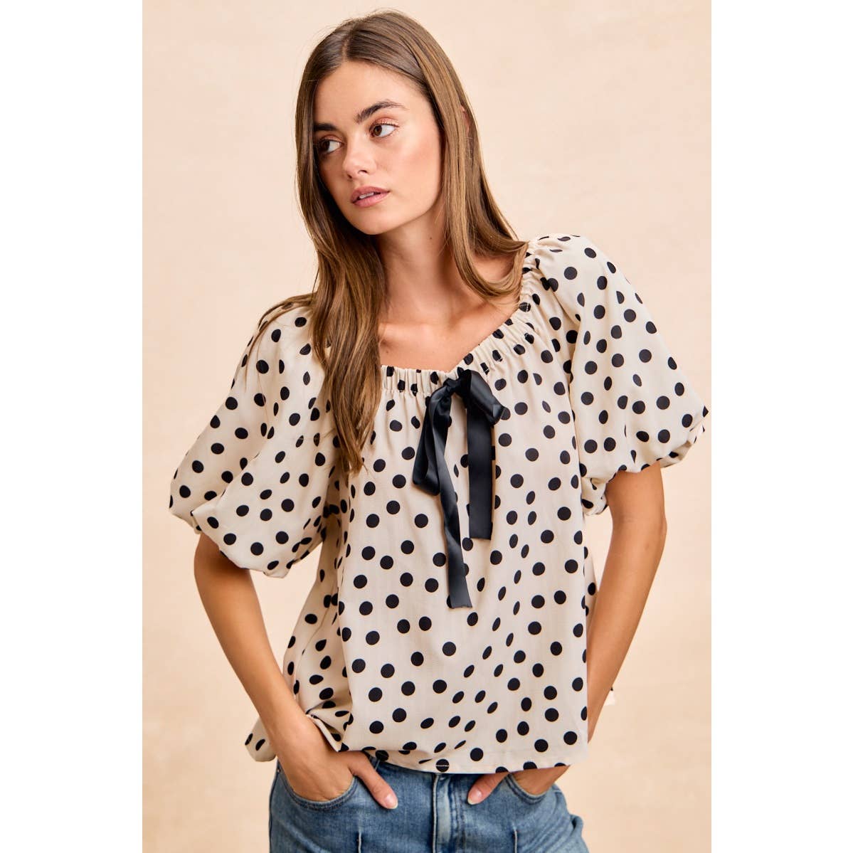 POLKA DOT BOW ELASTIC OPENING PUFF SLEEVES TOP