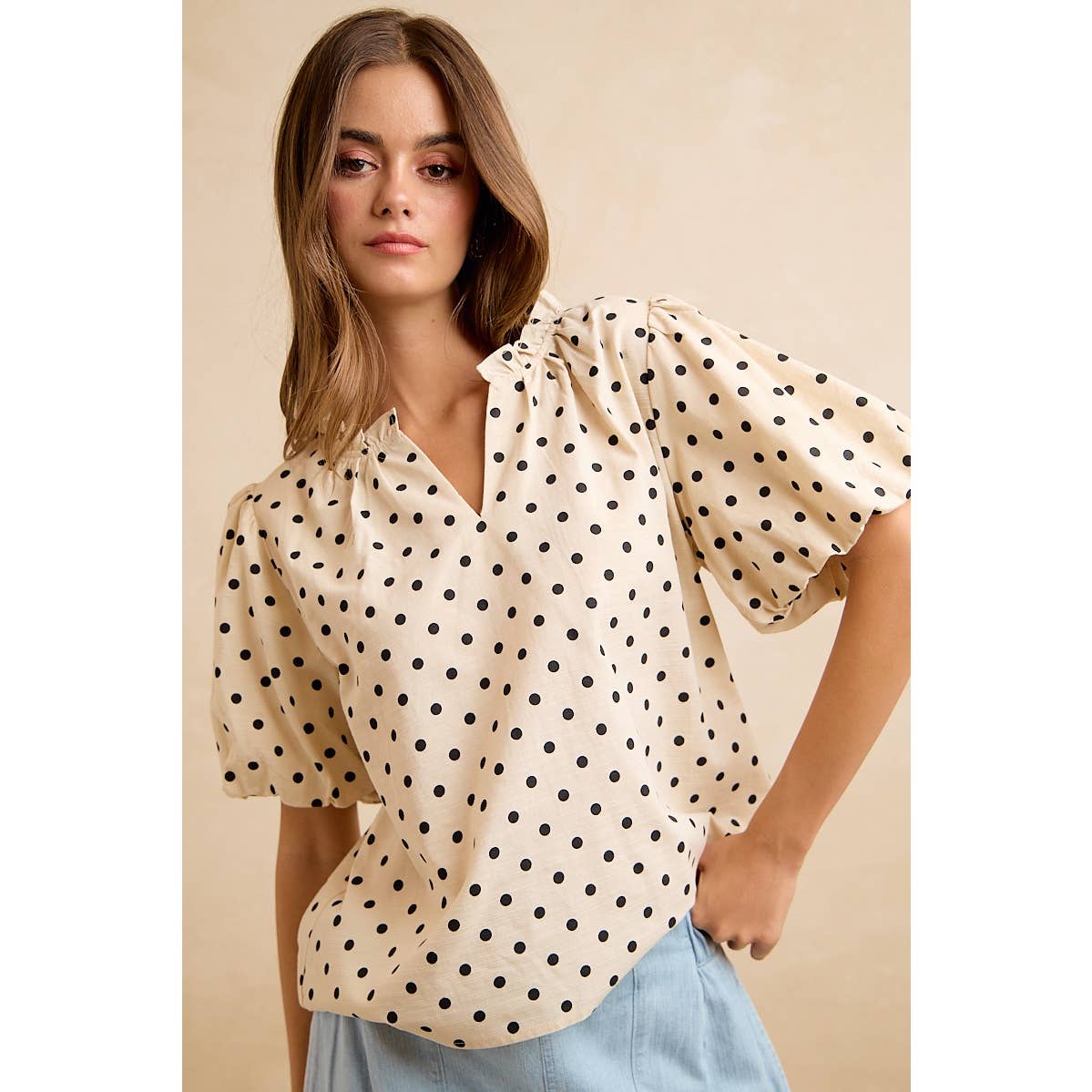 LINEN BLEND POLKA DOT PRINT BUBBLE SLEEVE BLOUSE TOP