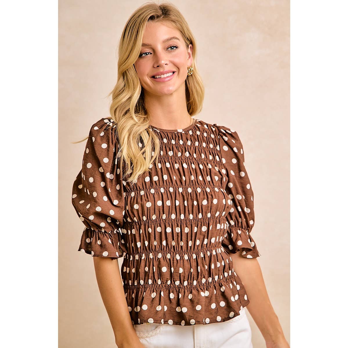 POLKA DOT PRINTED WOVEN SHIRRED BODY TOP