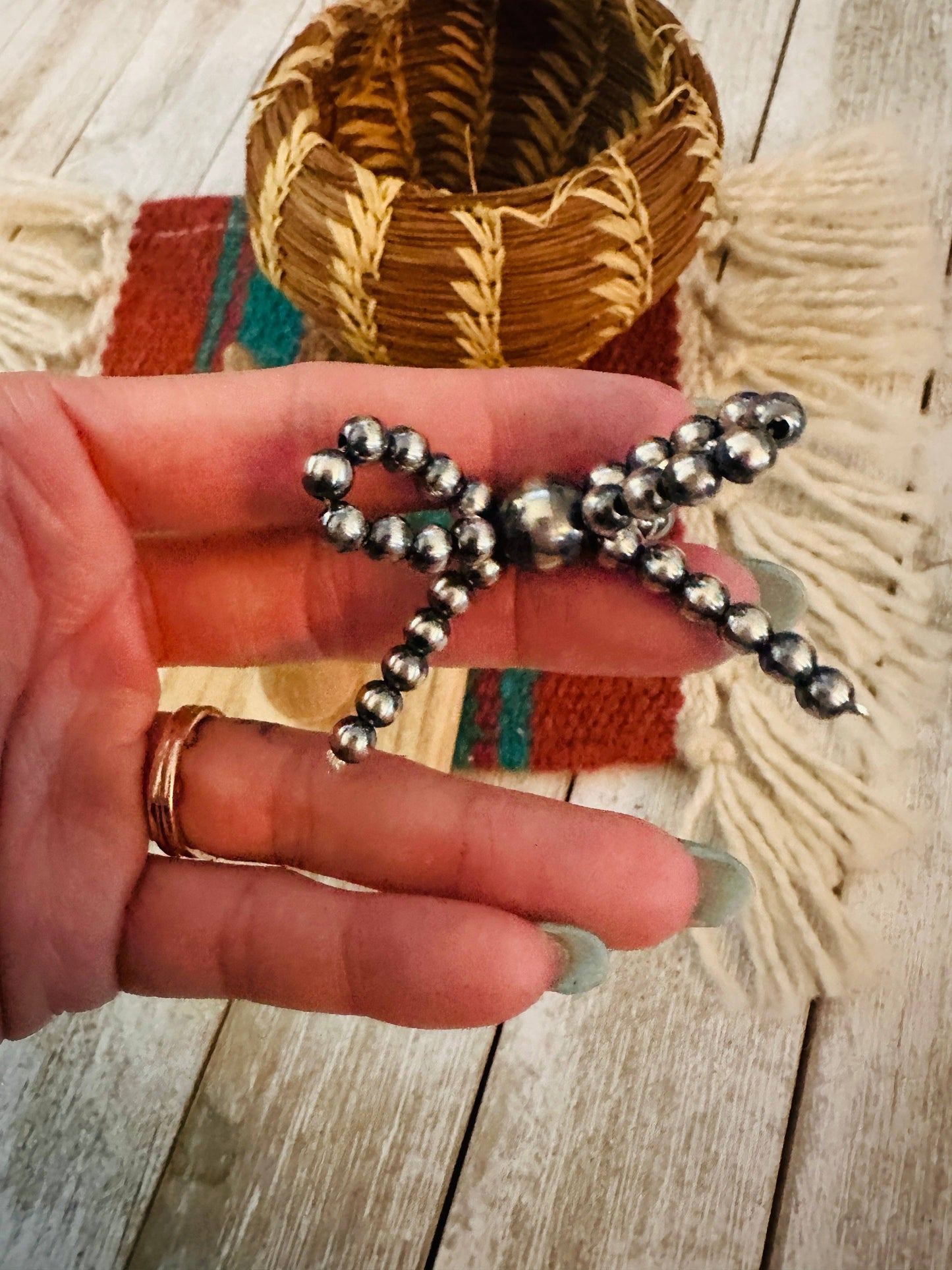 Navajo Sterling Silver Pearl Beaded Bow Adjustable Ring
