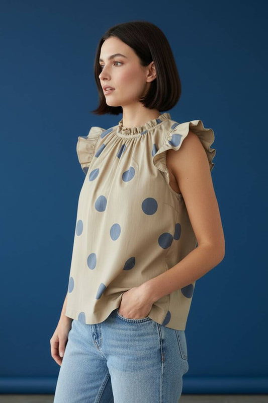 Ruffled Neck & Shoulder Polka Dot Blouse Top