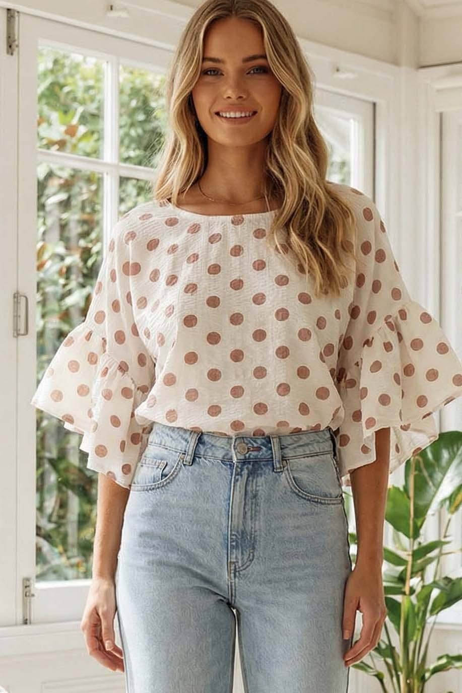 Polka Dot Wild Ruffle Sleeve Flowy Blouse Top VT83104D