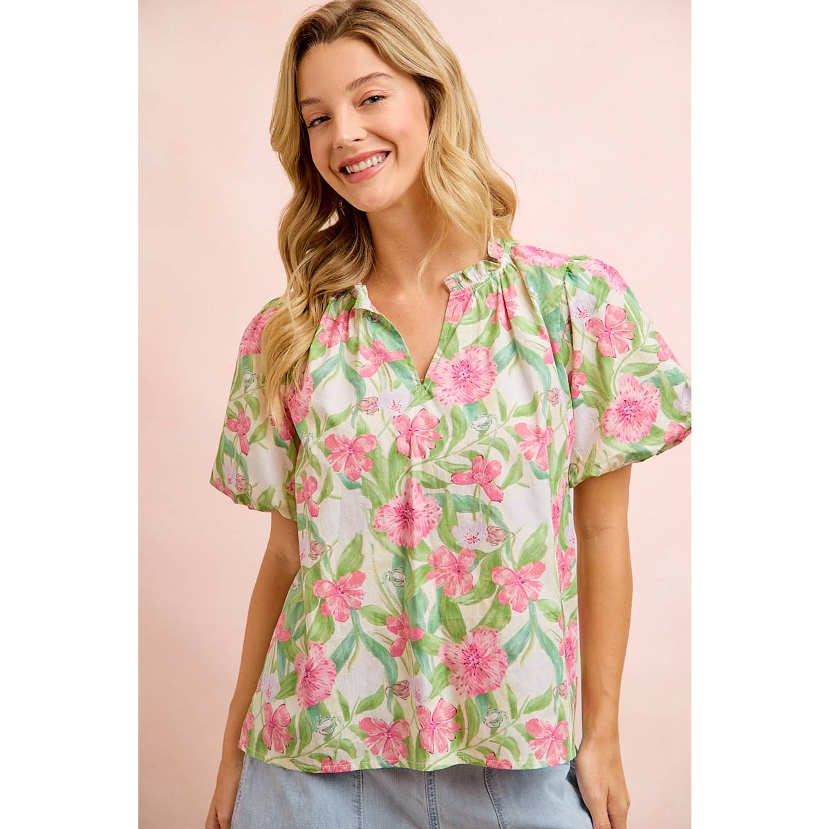 FLOWER PRINTED WOVEN RUFFLED V NECK TOP