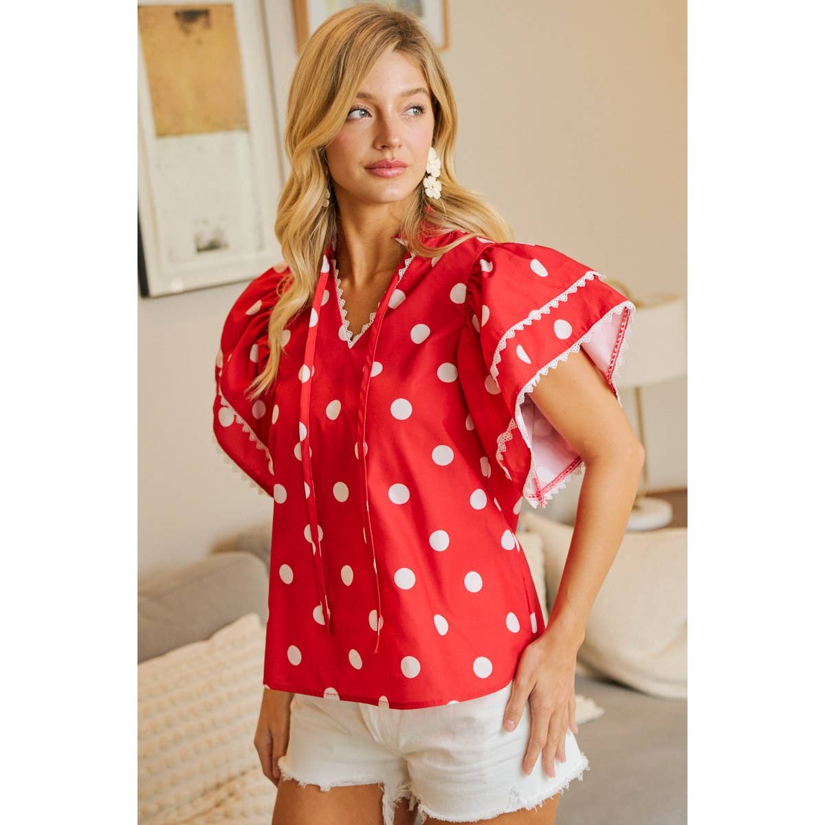 POLKA DOT PRINTED RUFFLE TRIM EDGE BLOUSE TOP
