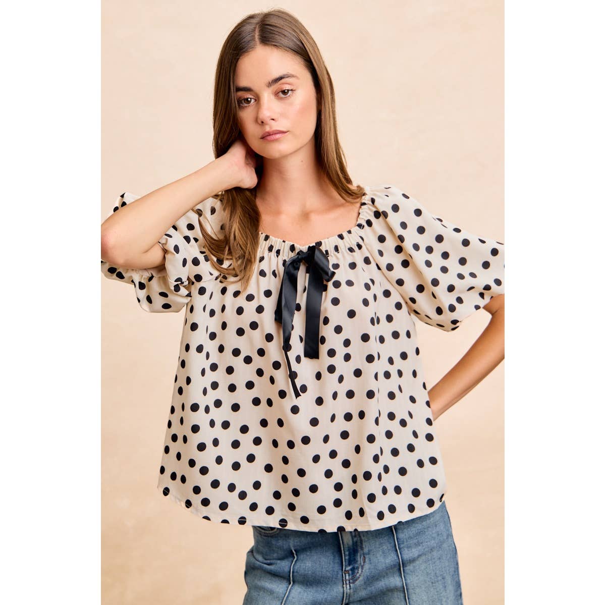 POLKA DOT BOW ELASTIC OPENING PUFF SLEEVES TOP