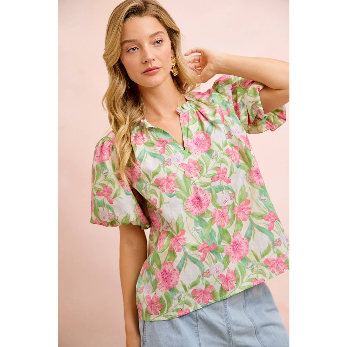 FLOWER PRINTED WOVEN RUFFLED V NECK TOP